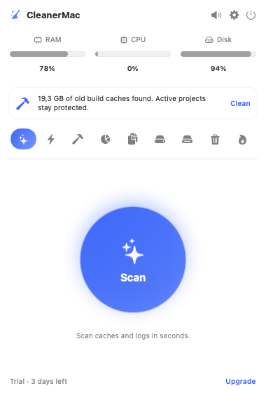 CleanerMac — one-click Quick Clean CleanerMac one-click Quick Clean screen with the scan button